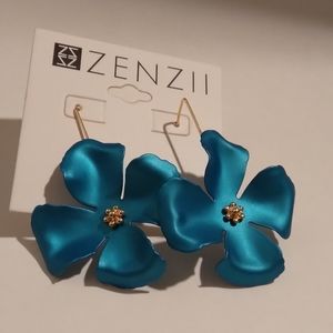 Turquoise Blue Metallic/ 18K Gold Handpainted Flower Drop Earrings 2.5"